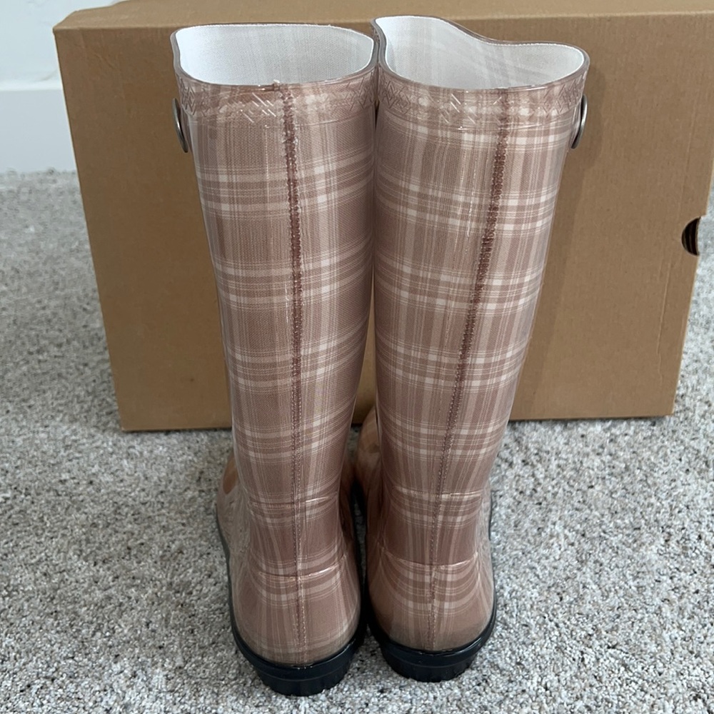 AUTH NIB UGG Shaye Plaid Rubber Shearling Lined Glossed Waterproof Rain Boots - Picture 3 of 12